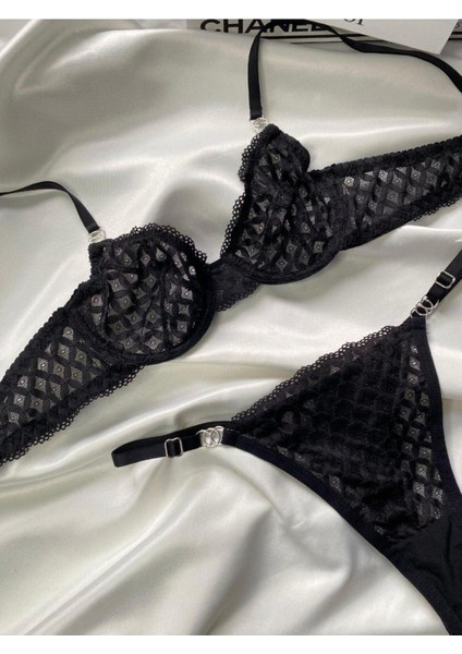 Kadın Iç Çamaşır Takımı Mesh Siyah Çizgili Desenli Dantelli Kapsız Sütyen Esnek Askılı Bralet-Tanga fiyatları