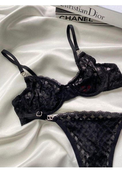 Kadın Iç Çamaşır Takımı Mesh Siyah Çizgili Desenli Dantelli Kapsız Sütyen Esnek Askılı Bralet-Tanga fırsatları