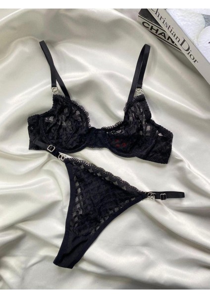 Kadın Iç Çamaşır Takımı Mesh Siyah Çizgili Desenli Dantelli Kapsız Sütyen Esnek Askılı Bralet-Tanga