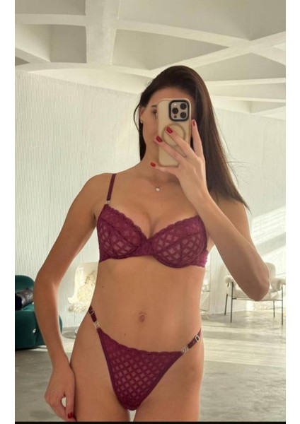 Kadın Iç Çamaşır Takımı Mesh Mor Çizgili Desenli Dantelli Kapsız Sütyen Esnek Askılı Bralet-Tanga fiyatları