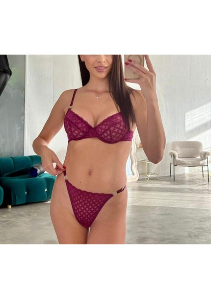 Kadın Iç Çamaşır Takımı Mesh Mor Çizgili Desenli Dantelli Kapsız Sütyen Esnek Askılı Bralet-Tanga modelleri