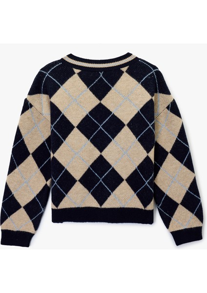 Uzun Kollu V Yaka Baklava Desenli Triko Kazak fiyatları