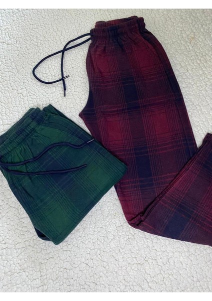 2 Adet Jakar Kümaş Kışlık Kadn Erkek Unisex Bordo & Yeşil Rengi Eşofman Pijama Altı