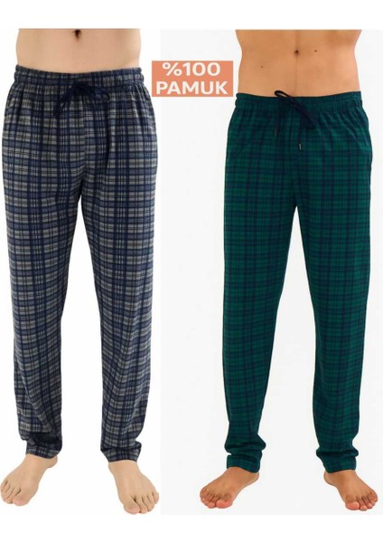 Erkek Pamuklu Ekose Yeşil & Antrasit 2'li Tek Alt Pijama - Mevsimlik Bay Unisex Pijama Altı