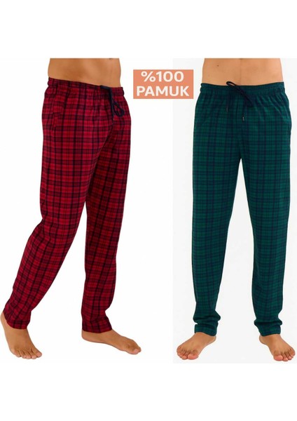 Erkek Pamuklu Ekose Bordo & Yeşil 2'li Tek Alt Pijama - Mevsimlik Bay Unisex Pijama Altı