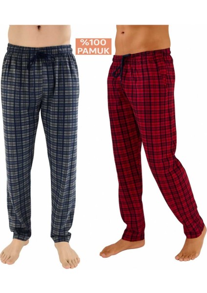 Erkek Pamuklu Ekose Bordo & Antrasit 2'li Tek Alt Pijama - Mevsimlik Bay Unisex Pijama Altı
