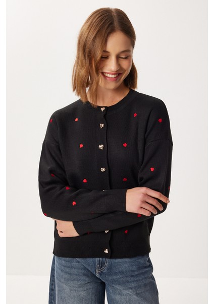 Kalp Nakışlı Şık Düğmeli Triko Hırka LNX0008 Siyah fiyatları