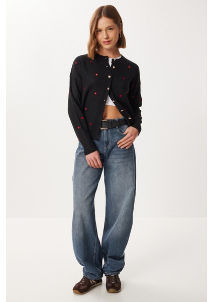 Kalp Nakışlı Şık Düğmeli Triko Hırka LNX0008 Siyah modelleri