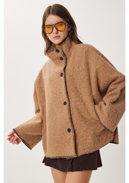Düğmeli Oversize Yün Efektli Ceket LDP0087 Bisküvi