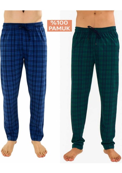 Erkek Pamuklu Ekose Yeşil & Indigo 2'li Tek Alt Pijama - Mevsimlik Bay Unisex Pijama Altı