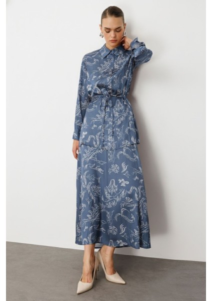 Mavi Desenli Evaze Uzun Saten Etek fiyatları