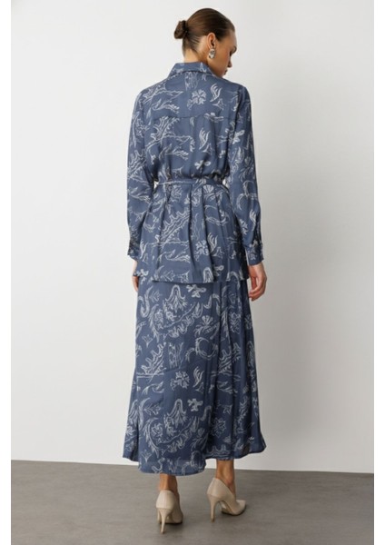 Mavi Desenli Evaze Uzun Saten Etek indirimleri