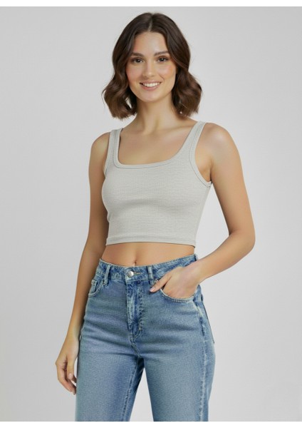 Pamuklu Kalın Askılı Fitilli Crop 3'lü Paket Siyah Beyaz Gri