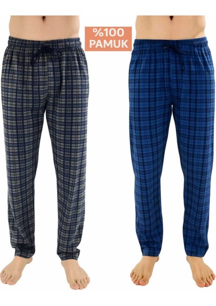 Erkek Pamuklu Ekose Indigo & Antrasit 2'li Tek Alt Pijama - Mevsimlik Bay Unisex Pijama Altı