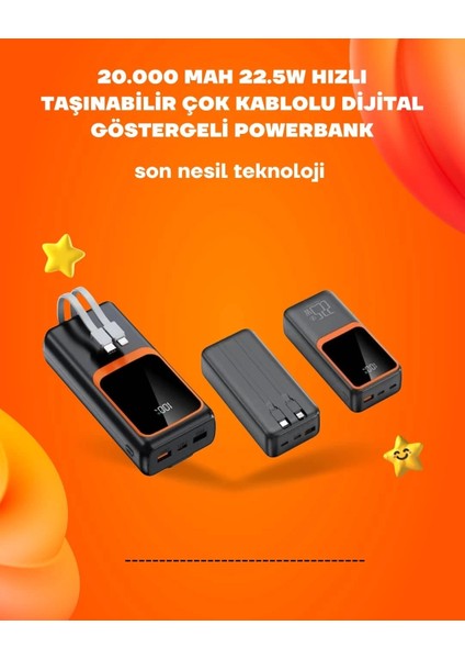 Buğz Powerbank 20000 Mah | 22.5W Hızlı Şarj, Dahili Kablolu, LCD Ekranlı Şarj Cihazı