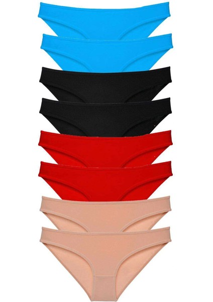 8 Adet Süper Eko Set Likralı Kadın Slip Külot Siyah Kırmızı Ten Mavi
