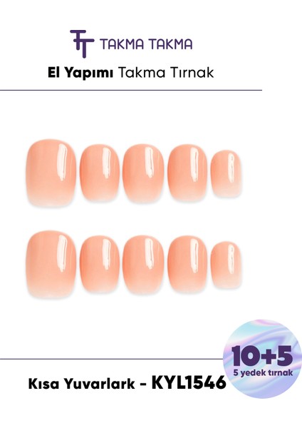 15'li Ten Rengi Kısa Yuvarlark KYL1546 Tekrar Kullanılabilir El Yapımı Protez Takma Tırnak - Ten Rengi-S