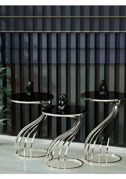 3'lü Jura Zigon Sehpa Seti Gümüş Ayak Siyah Cam