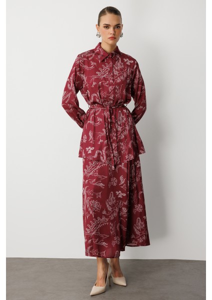 Bordo Desenli Evaze Uzun Saten Etek