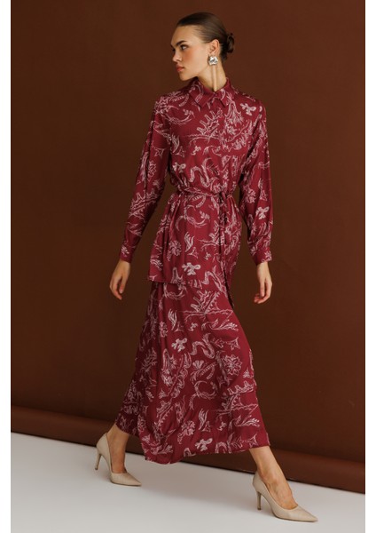 Bordo Desenli Evaze Uzun Saten Etek fiyatları