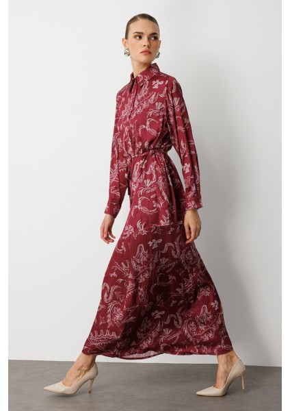 Bordo Desenli Evaze Uzun Saten Etek modelleri