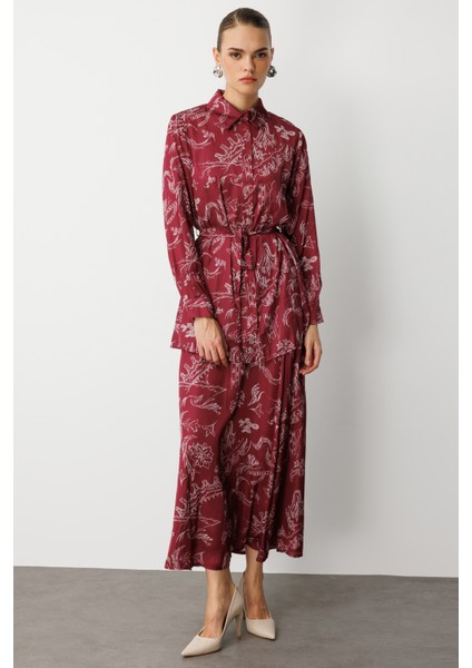 Bordo Desenli Evaze Uzun Saten Etek indirimleri