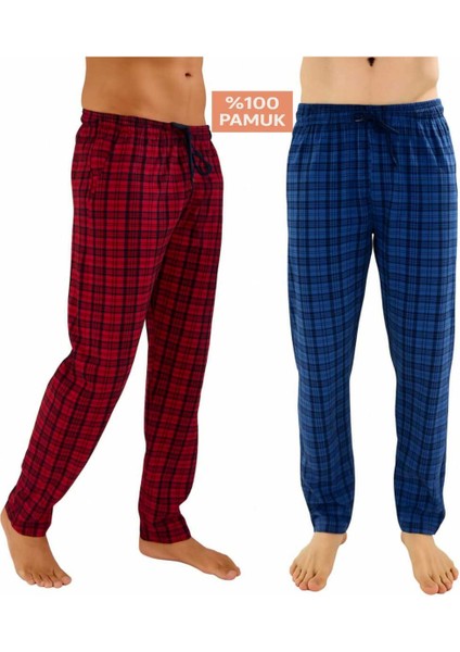 Erkek Pamuklu Ekose Bordo & Indigo 2'li Tek Alt Pijama - Mevsimlik Bay Unisex Pijama Altı