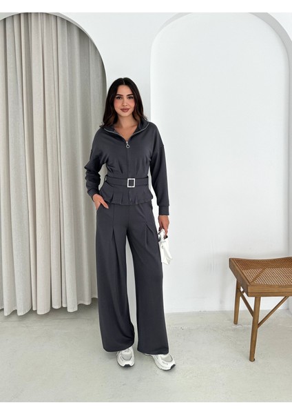 Modal Kumaş Kemerli Ceket ve Baggy Alt Eşofman - Modal Eşofman Takımı Kemerli modelleri