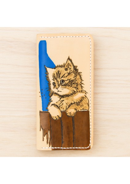 El Yapımı Hakiki Deri Kedi Desenli Unisex Cüzdan - Yakma Sanatı ve Ince Katlanabilir Model - Vegetable-Tanned El Işçiliği Tasarım
