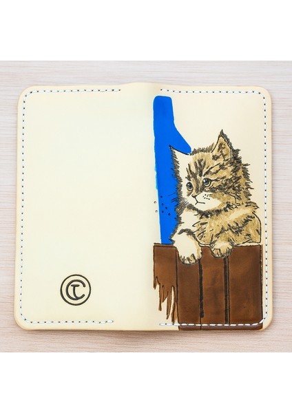 El Yapımı Hakiki Deri Kedi Desenli Unisex Cüzdan - Yakma Sanatı ve Ince Katlanabilir Model - Vegetable-Tanned El Işçiliği Tasarım fiyatları