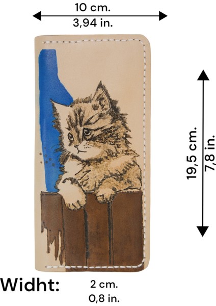 El Yapımı Hakiki Deri Kedi Desenli Unisex Cüzdan - Yakma Sanatı ve Ince Katlanabilir Model - Vegetable-Tanned El Işçiliği Tasarım indirimleri