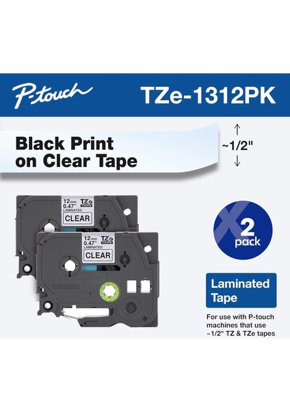 Orijinal P- TZE-1312PK, 1/2"(0,47") Lamine P-, Temizle, Kapalı Veya Açık Kullanımı Için Mükemmel Siyah Suya Dayanıklı, 26.2 Ayaklar (8m) Her Biri Iki- Paket
