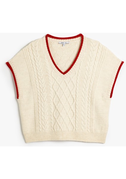 V Yaka Renk Kontrast Detaylı Saç Örgü Oversize Süveter