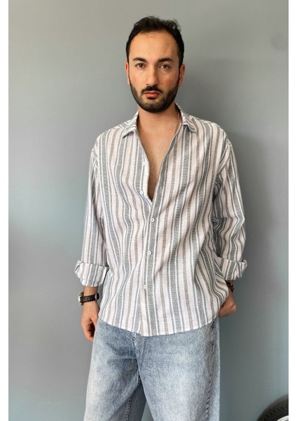 Uzun Kollu Keten Görünümlü Çizgili Gömlek