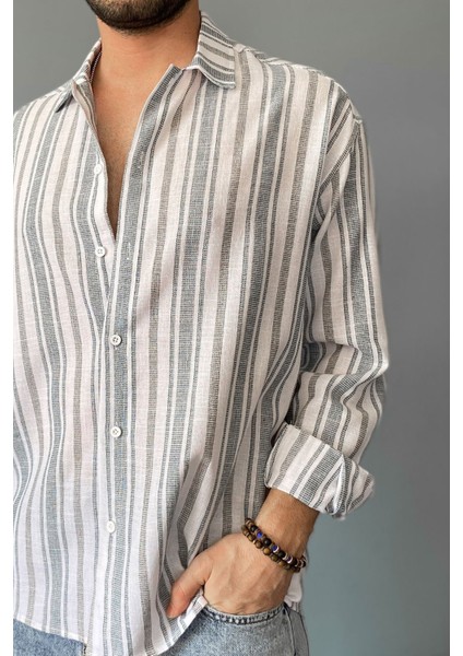 Uzun Kollu Keten Görünümlü Çizgili Gömlek fiyatları