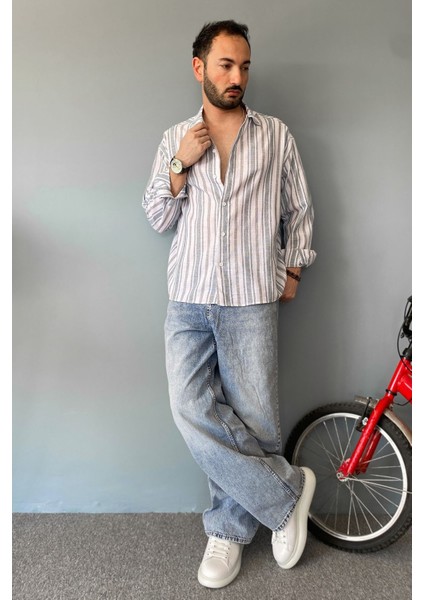 Uzun Kollu Keten Görünümlü Çizgili Gömlek modelleri