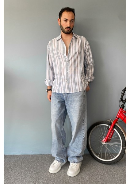 Uzun Kollu Keten Görünümlü Çizgili Gömlek fırsatları