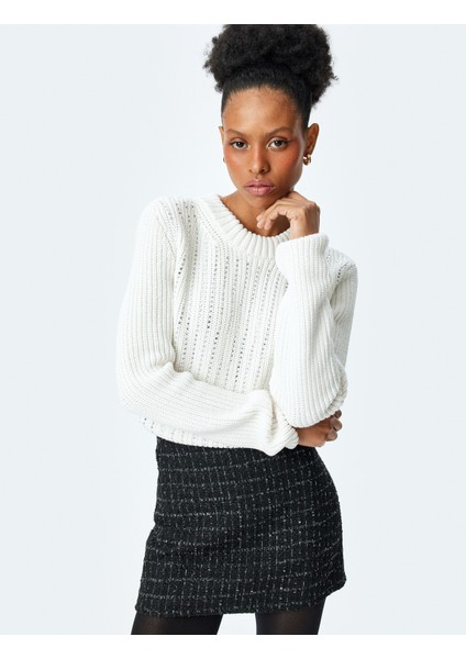 Uzun Kollu Bisiklet Yaka Taşlı Kazak