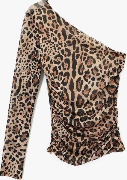 Leopar Desenli Uzun Kollu Tek Omuz Tül Tişört