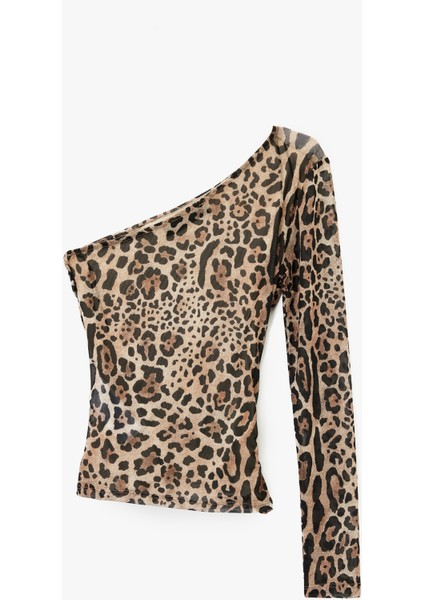 Leopar Desenli Uzun Kollu Tek Omuz Tül Tişört fiyatları