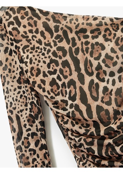 Leopar Desenli Uzun Kollu Tek Omuz Tül Tişört modelleri
