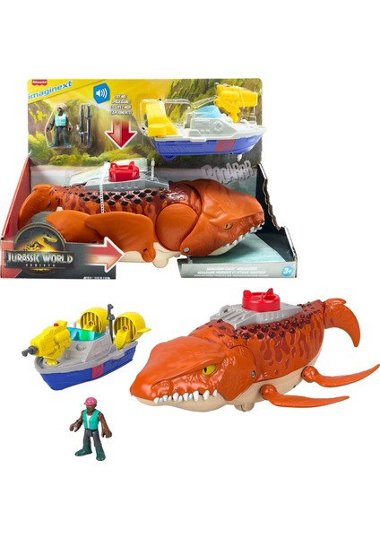 Imaginext World Rebirth Dev Ağızlı Mosasaurus, 45,5 Cm&apos;lik Dinozor Oyuncağı, 7,5 Cm&apos;lik Aksiyon Figürü, Fırlatıcılı Tekne ve 2 Cephane, JFR23