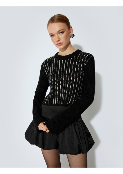 Uzun Kollu Bisiklet Yaka Taşlı Kazak modelleri