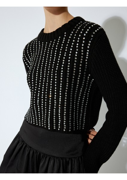 Uzun Kollu Bisiklet Yaka Taşlı Kazak indirimleri