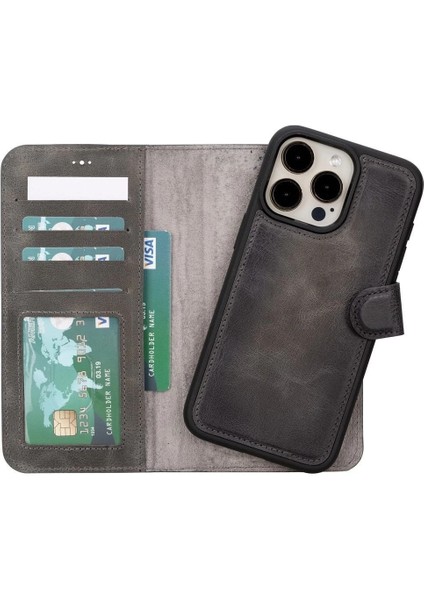 Buğz Apple iPhone 15 Pro Max Uyumlu Deri Cüzdanlı Kılıf Mwwn VS4EF Gri indirimleri