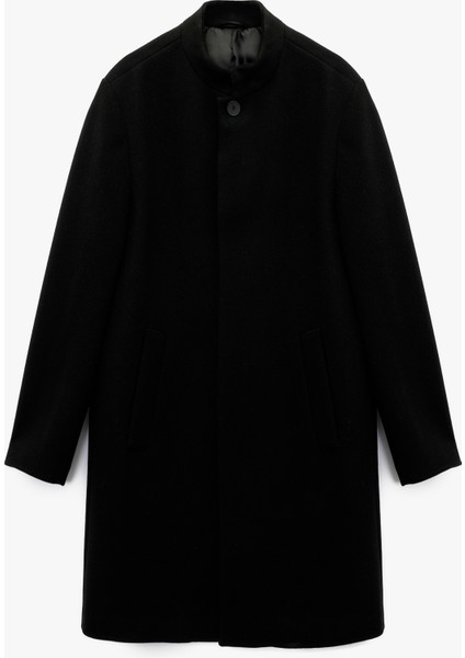 Regular Fit Cepli Düğmeli Uzun Dik Yaka Kaşe Kaban