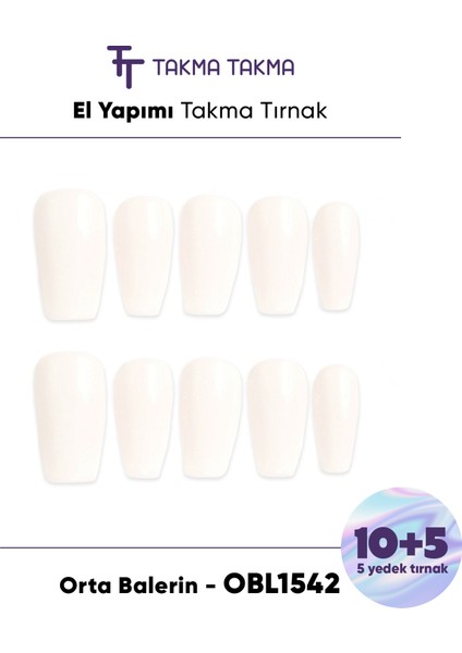 15'li Krem Rengi Orta Balerin OBL1542 Tekrar Kullanılabilir El Yapımı Protez Takma Tırnak - Krem Rengi-Krem-M