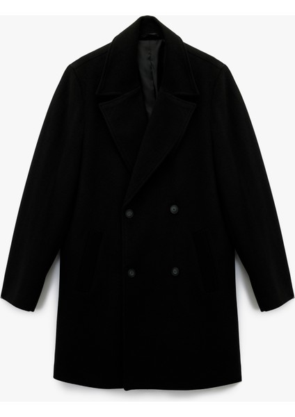 Uzun Kollu Cepli Düğmeli Kruvaze Yaka Uzun Kaşe Kaban