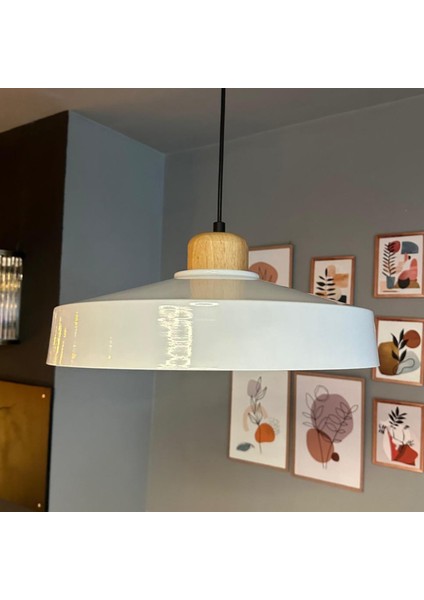 Açe Beyaz Tekli Geniş Ahşap Başlık Avize Retro Sarkıt Ofis Showroom Salon Mutfak Avizeleri