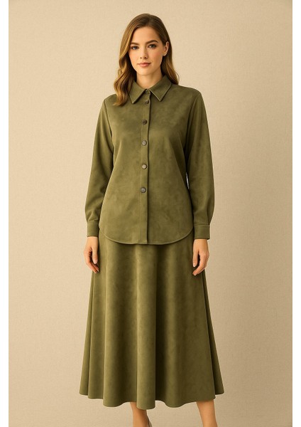 56051 Önden Çıtçıt Düğmeli Eteğin Beli Manşetli Cepli Süet Etekli Takım #10-25#